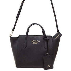 Gucci Swing Top Handle 2way Tote Shoulder Bag pebbled leather Black